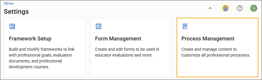 Settings menu displaying options for Framework Setup, Form Management, and Process Management.
